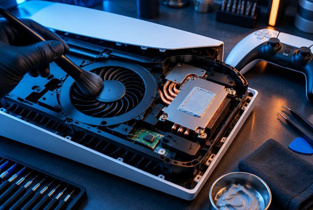 Opened game console on a repair bench with its cooling fan cleaned and thermal paste applied