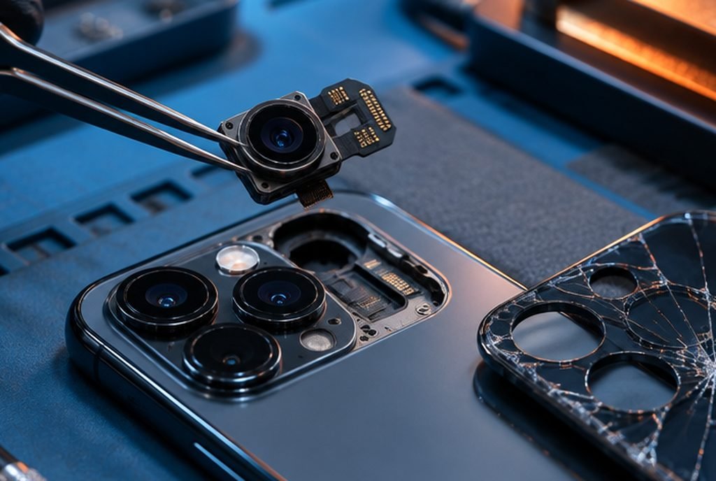 Smartphone rear camera module held with tweezers during a camera repair