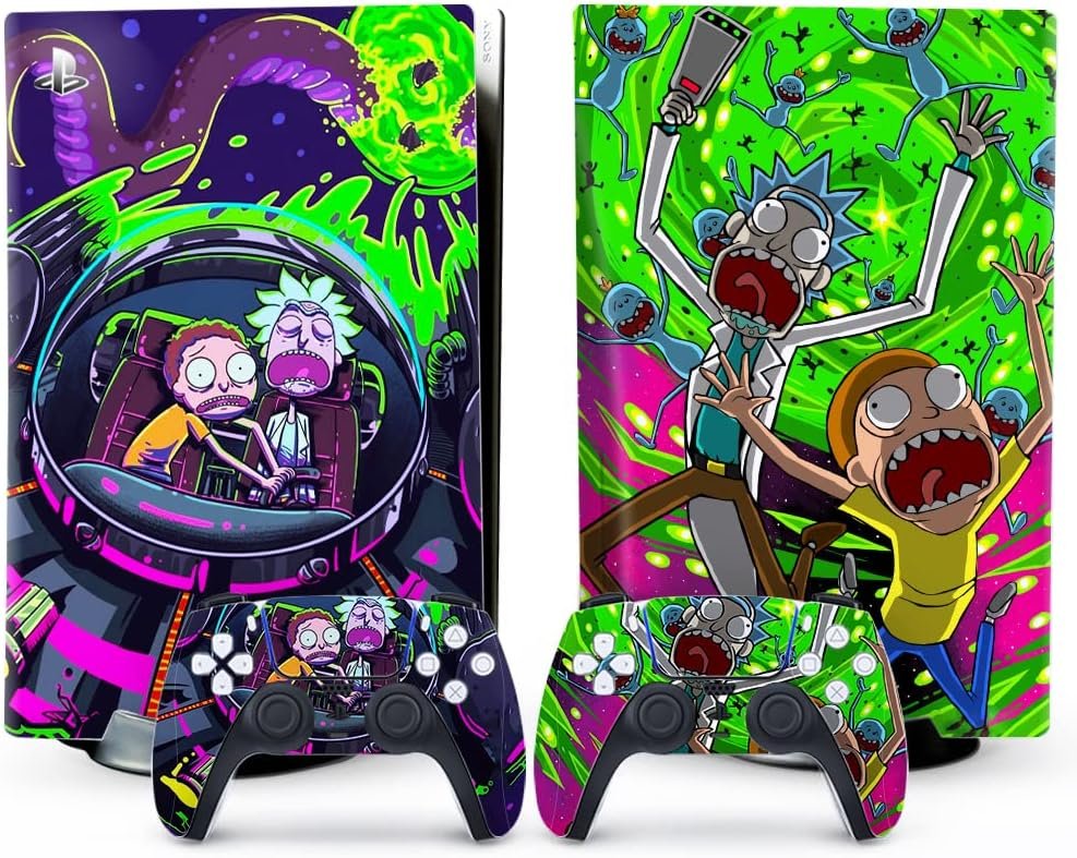 PS5 consoles with Rick and Morty colorful vinyl skins and matching DualSense controllers