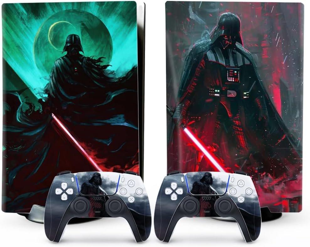 Two PS5 consoles with Darth Vader Star Wars vinyl skins and matching DualSense controllers